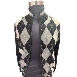 EXPRESS DESIGN STUDIO Mens Argyle Full Zip Sweater Jacket Black Grey L wool
